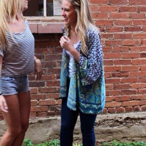 Silky Blue & Green Patterned Kimono - Picture 6 of 6